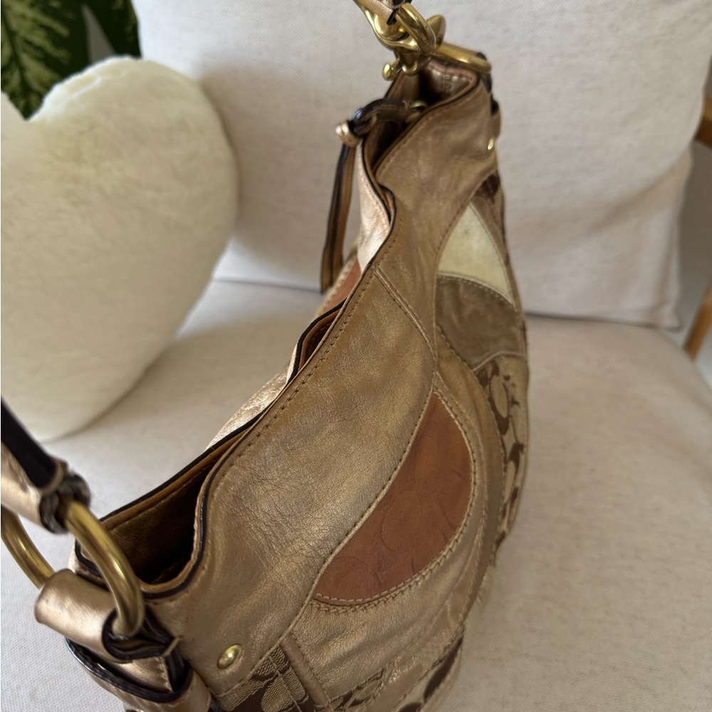 Coach Zoe Vintage Signature Jacquard Patchwork Gold Brown Shoulder Y2K Bag 12662 - Picture 11 of 17